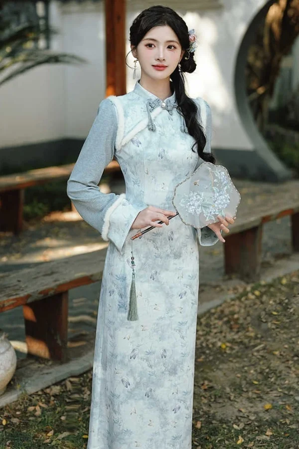 

Новое современное женское улучшенное Cheongsam в китайском стиле, осень-зима 202, элегантное толстое тонкое длинное платье, винтажное синее платье с принтом Qipao