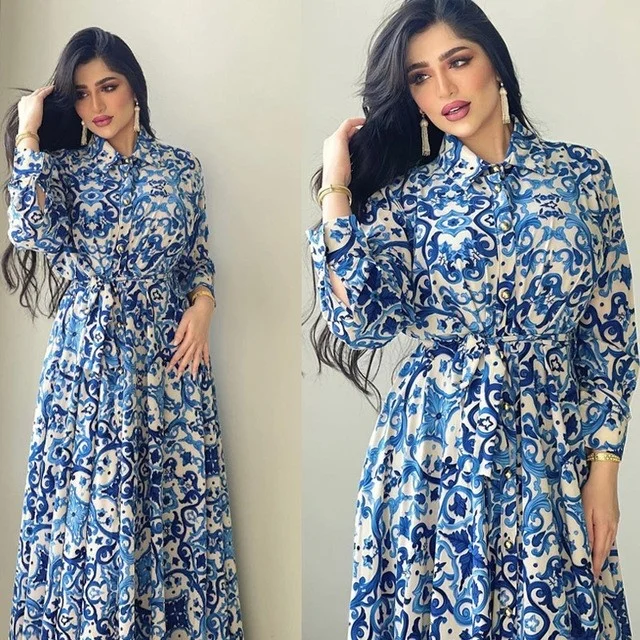 New Muslim Women's Long Printed Sve Dress Lapel Belted A-Line Skirt Commute Style Summer Fashion 25-29 Years Old