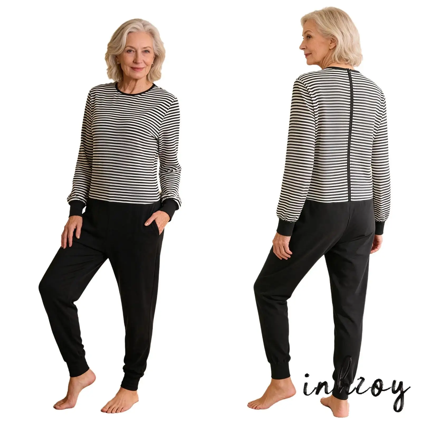 

Women Secure Comfort Nursing Jumpsuit Rompers with Alzheimers Long Sleeve Striped Design Back Leg Zippers Anti Strip Bodysuit