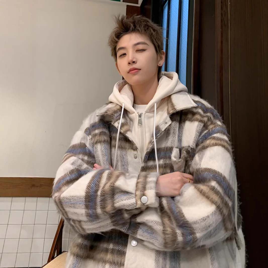 

Autumn Winter Men Jacket Fashion Plaid Patchwork Hooded Man Fake Two-piece Coat Turn Down Collar Long Sleeve Male Outerwear