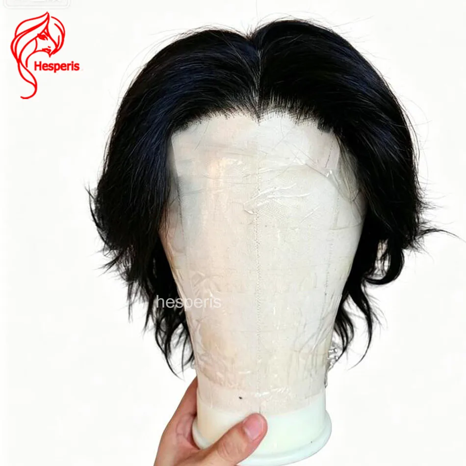 Hesperis Brazilian Remy Human Hair Short Wig for Men Pixie Cut with Bangs Natural Wavy Style Lace Front Human Hair Male Wigs