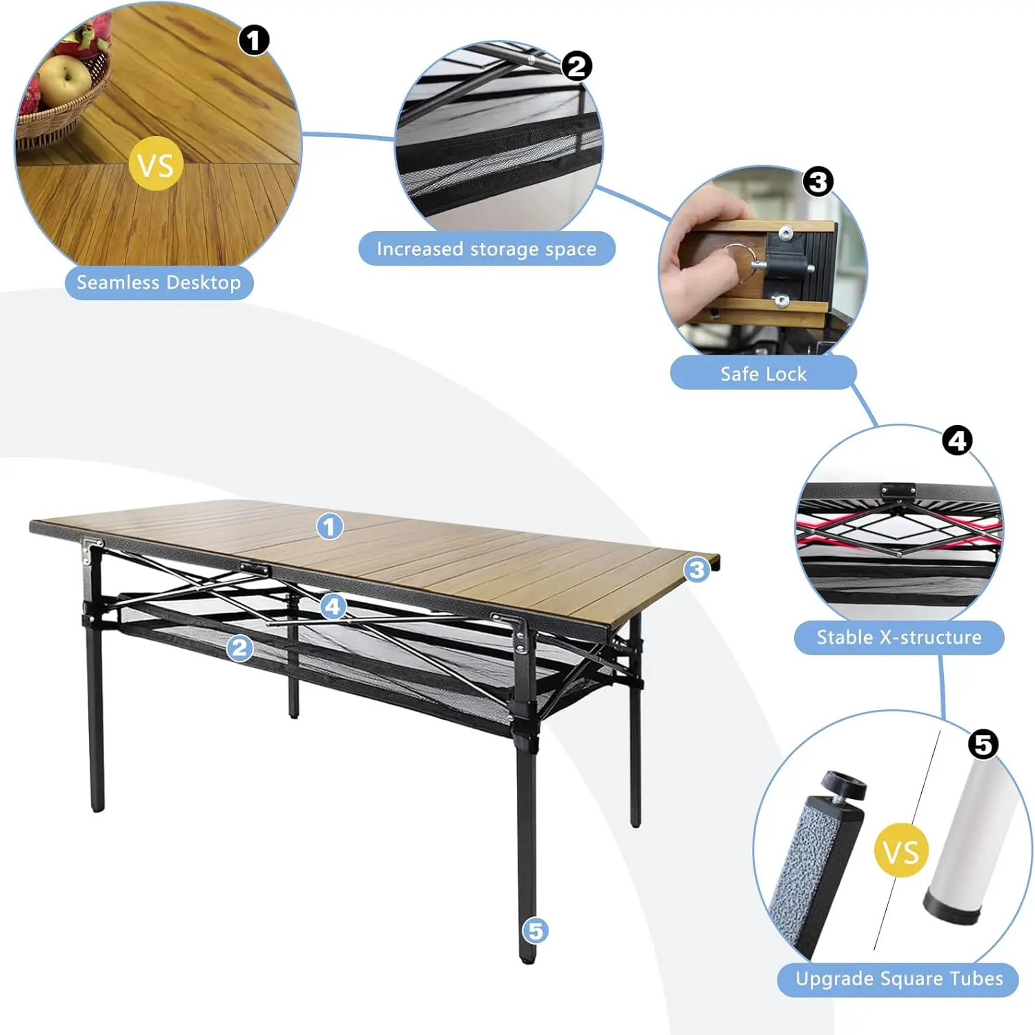 Table de camping portable en aluminium avec rangement pour 4 à 6 personnes, table d'extérieur légère, enroulable, 54 po x 27,6 po