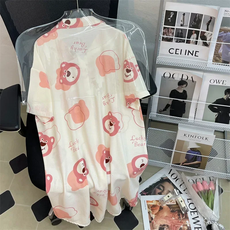 Disney autumn strawberry bear cute and comfortable short-sleeved nightdress women's cartoon lapel cardiganloose loungewear dress