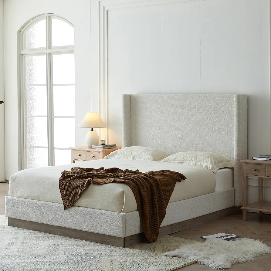 #Modern Adjustable Convertible Upholstered Wingback Bed With Wood BaseHigh Headboard Queen Size