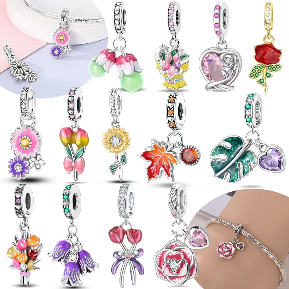 

Charms 925 Sterling Silver Original Red Roses Sunflowers Heart Pink Flowers Beads Fit Bracelet Women Jewelry Making Diy