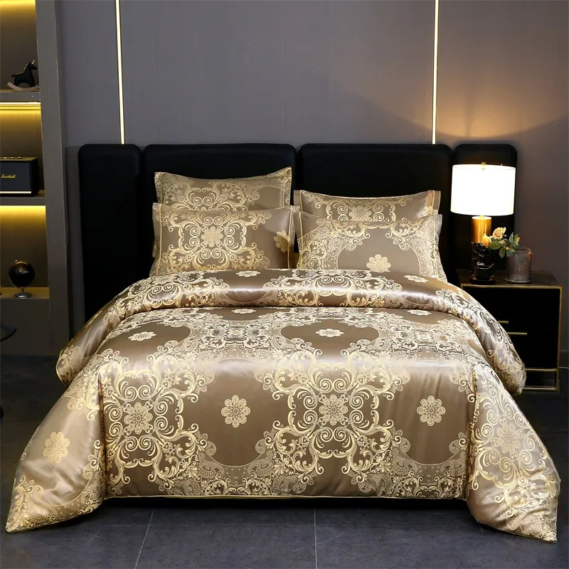 Double Queen Damask Jacquard Satin Duvet Cover 4Pcs Luxury Silk Like Bedding Comforter Cover with Zipper 1Bed Sheet 2Pillowcases