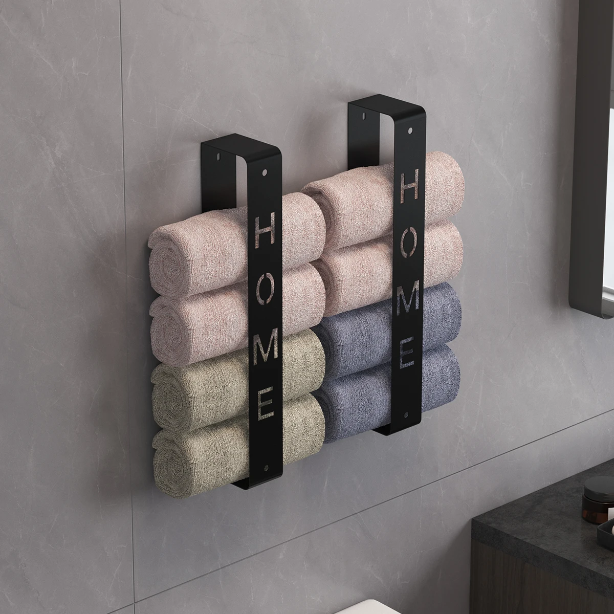 Home minimalist towel rack, non drilled wall mounted towel rack, multi-layer roll up towel and bath towel storage rack