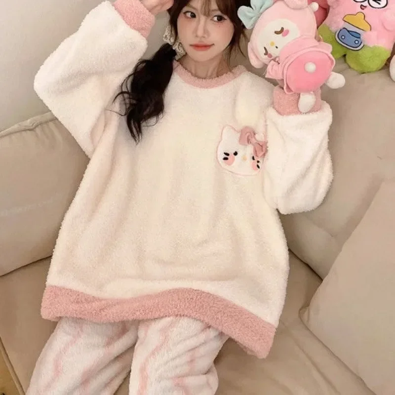 Sanrio HelloKitty Pajama Women's Fall/Winter Half Velvet Pink Sweet Cute Long Sleeve with Velvet and Thick Coral Velvet Homewear