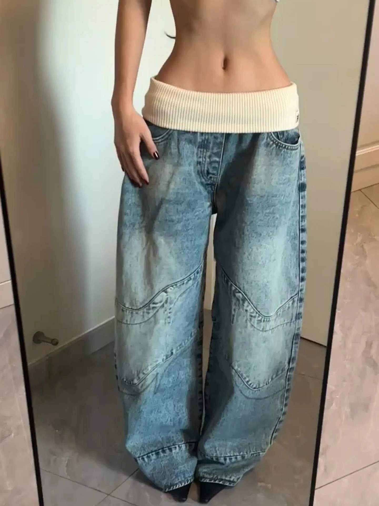 

Retro American Vibe High Waist Wide Leg Jeans Women's Street Style Distressed Washed down Denim Pants Loose Fit Straight Tube