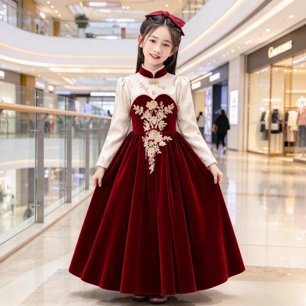 2026 Red Girls Party Dress KidsGirl Wedding Piano Performance Outfit Birthday Princess Gown Chinese Style Children Host Flower