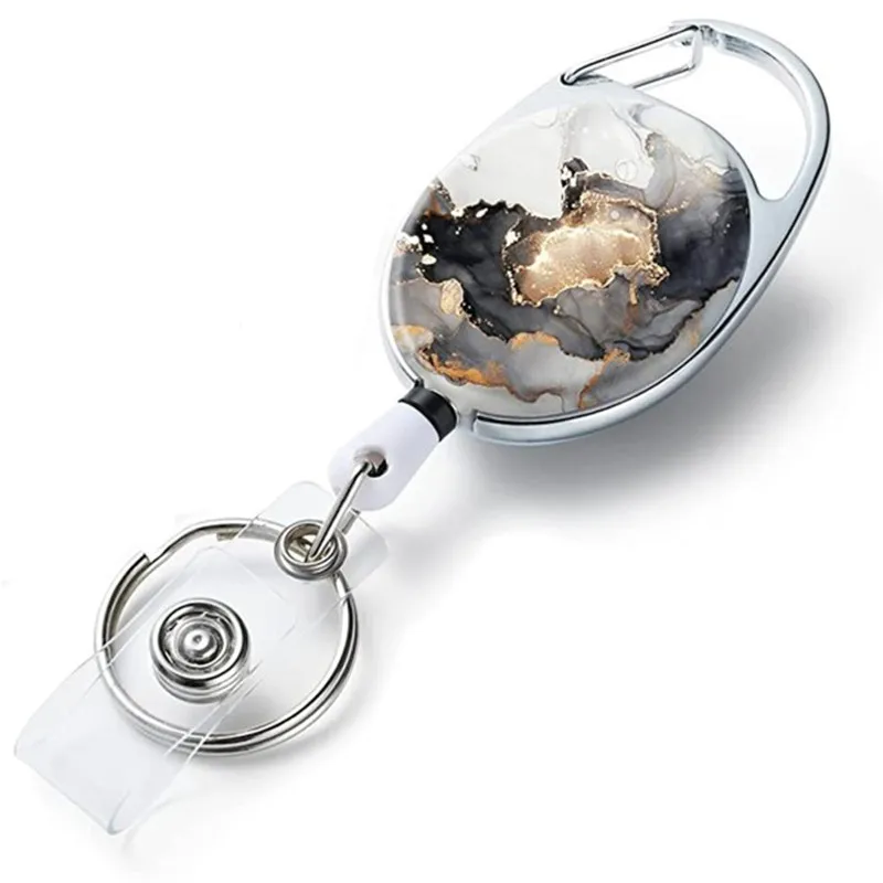 Marbling Oval Egg Shape Badge Reel Keychain Style Badge Reels Retractable for Badge Holder Working Permit ID Tag Pass Card Clip