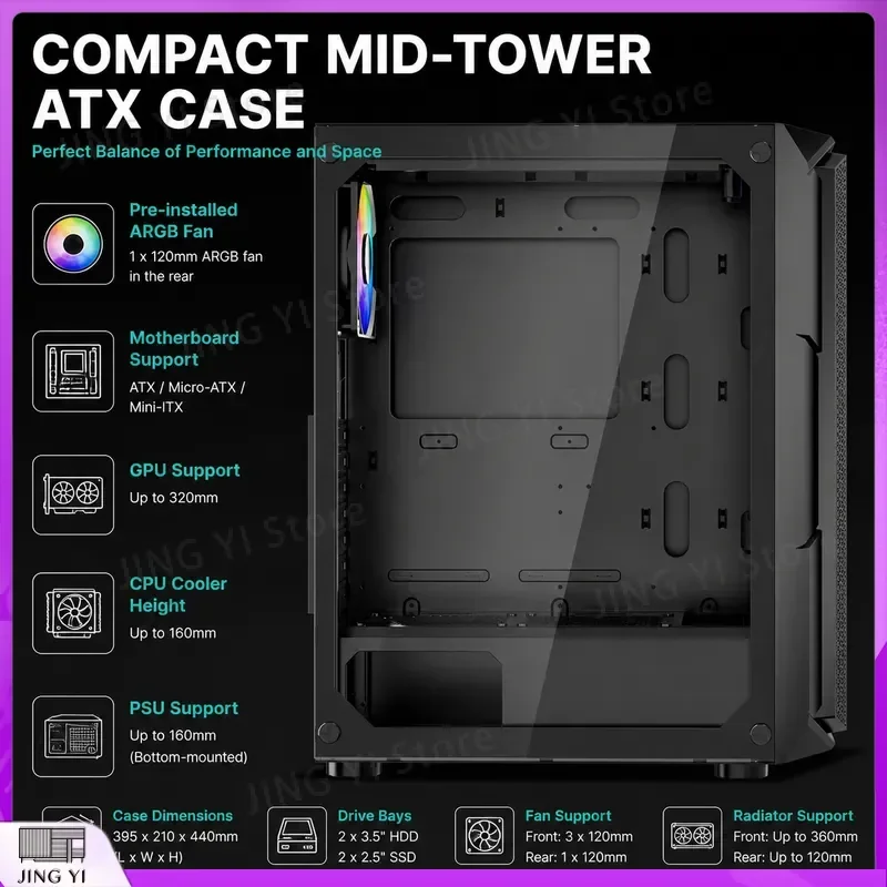 Mid Tower ATX Gaming PC Case Steel Side Panel Window 4x120mm ARGB Fans Computer Chassis Desktop Housing DIY Build Black