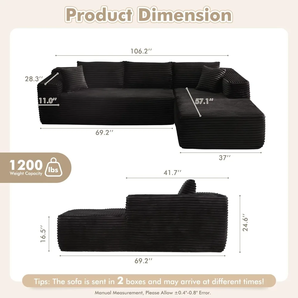 Sectional Couch with Chaise Longue,L Shaped Modular Modern Sofa,Comfy Corduroy Fluffy Couch with Deep Seat