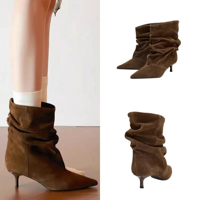 

Brand Women's Mid-calf Boots Retro Pointed-toe Pleated Ankle Boots Suede Stiletto Heeled Fashion Boots Popular Brown Ankle Boots