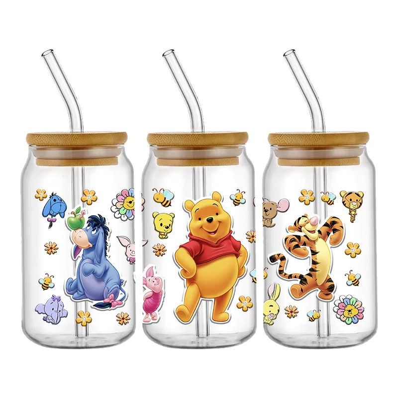 Disney Cartoon Adesivo de Transferência Impermeável, Urso Ursinho Pooh Padrão, UV DTF, Transfere Decalques para Copo de Vidro 16oz, Envoltório Adesivos