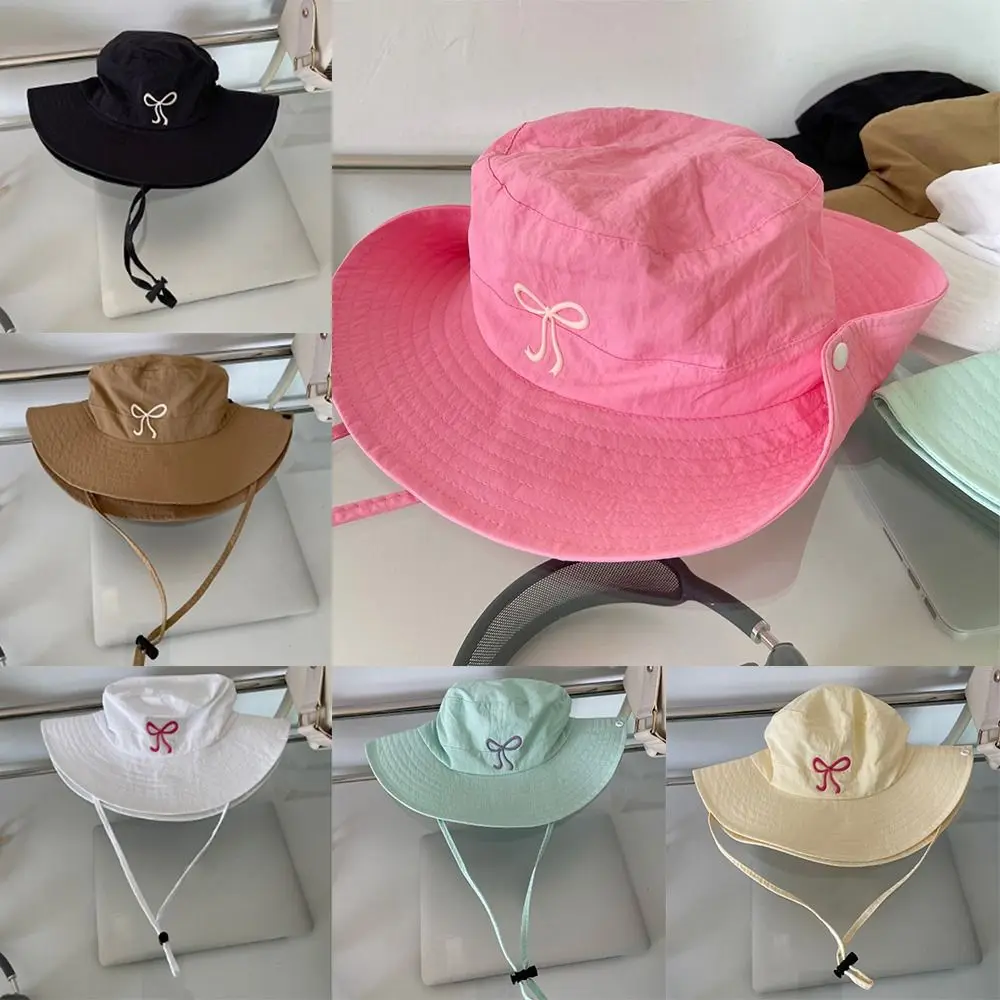 

Sunscreen Bucket Hat Quick Drying Solid Color Fishing Caps Spring Summer Breathable Bow Strap Bucket Hats For Outdoor Camping