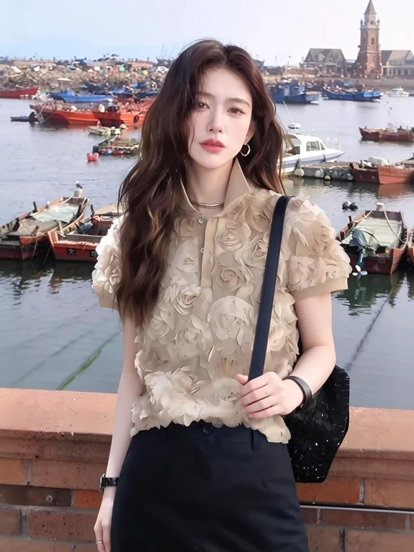 

Summer 2026 Fashionable Petal Short Sleeve Turn-down Collar Shirt Versatile Casual Elegant Top Women's Chinese New Style Blouse