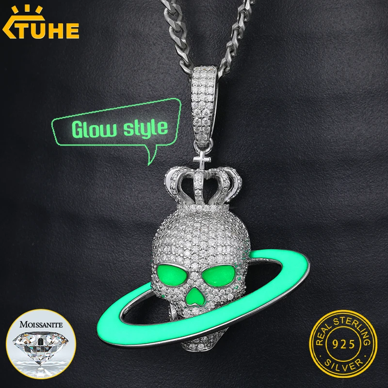 Classic Skeleton Luminous Style Pendant S925 Moissanite Pendant Necklace Rope Chain For Men Hip Hop Jewelry Nightclub Gift