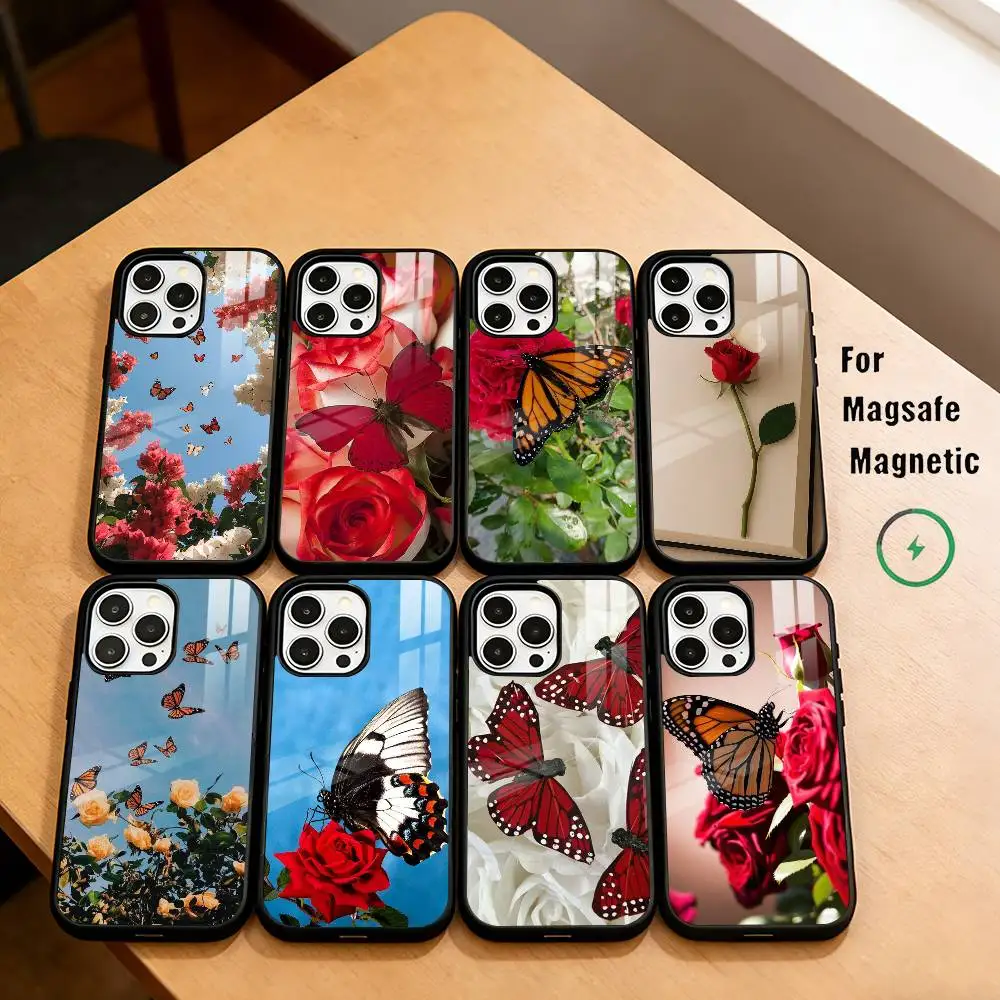 

Beautiful R-Rose B-Butterfly Phone Case For iPhone17,16,15,14,13,12,11 Plus,Pro Magnetic with Magsafe Wireless Charging