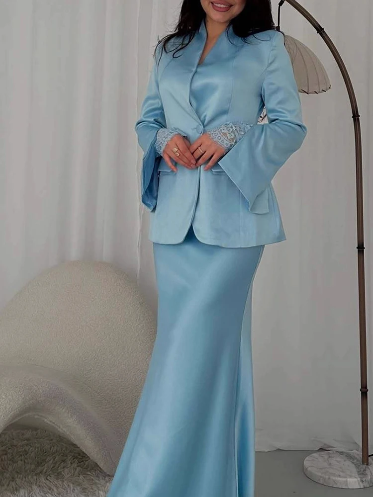 Elegant Lady Bodycon Skirts Two Piece Casual Satin Lace Spliced Skirts Sets Fashion Solid Color Long Sleeve Blazer&Skirts Suits view 4