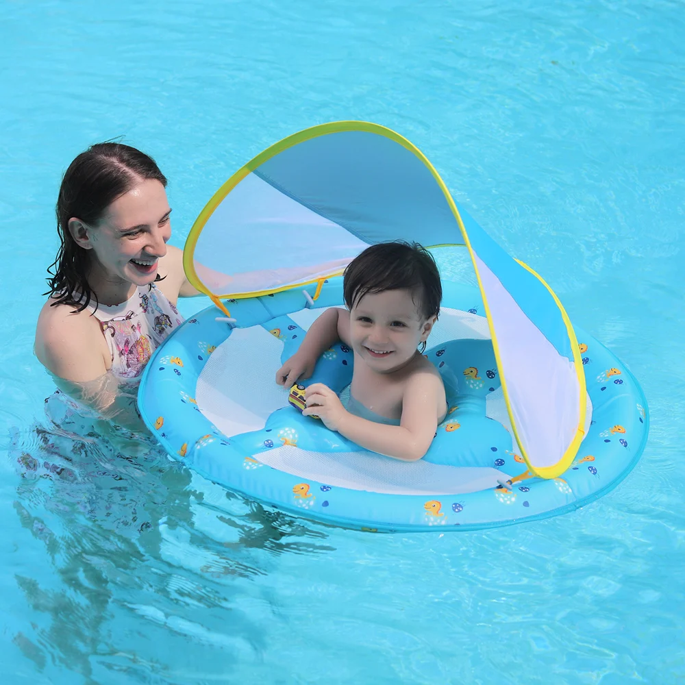 Baby Swimming Float Activity Center With Canopy Foldable Swim Pool Seat Floating For Kids