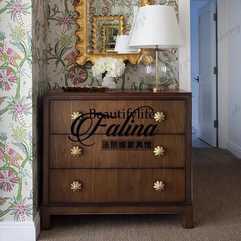 D136 American rural retro chest, entrance cabinet, integrated solid wood entry, three drawers, storage against the wall, side ca