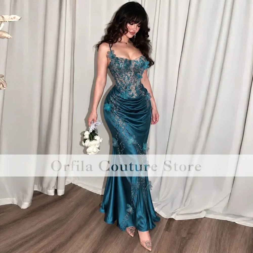 Peacock Blue Prom Dresses Mermaid Tea Length Flowers Beads Spaghetti Straps Saudi Arabic Party Gowns Dinner Gowns Customized