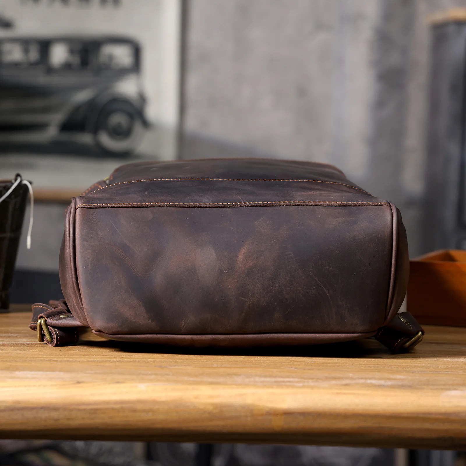 S.WORKER Vintage Echtleder Herrenrucksack Laptop-Tasche Casual Crazy-Horse Leder Schultasche Outdoor Weekender-Tasche – Detail 8