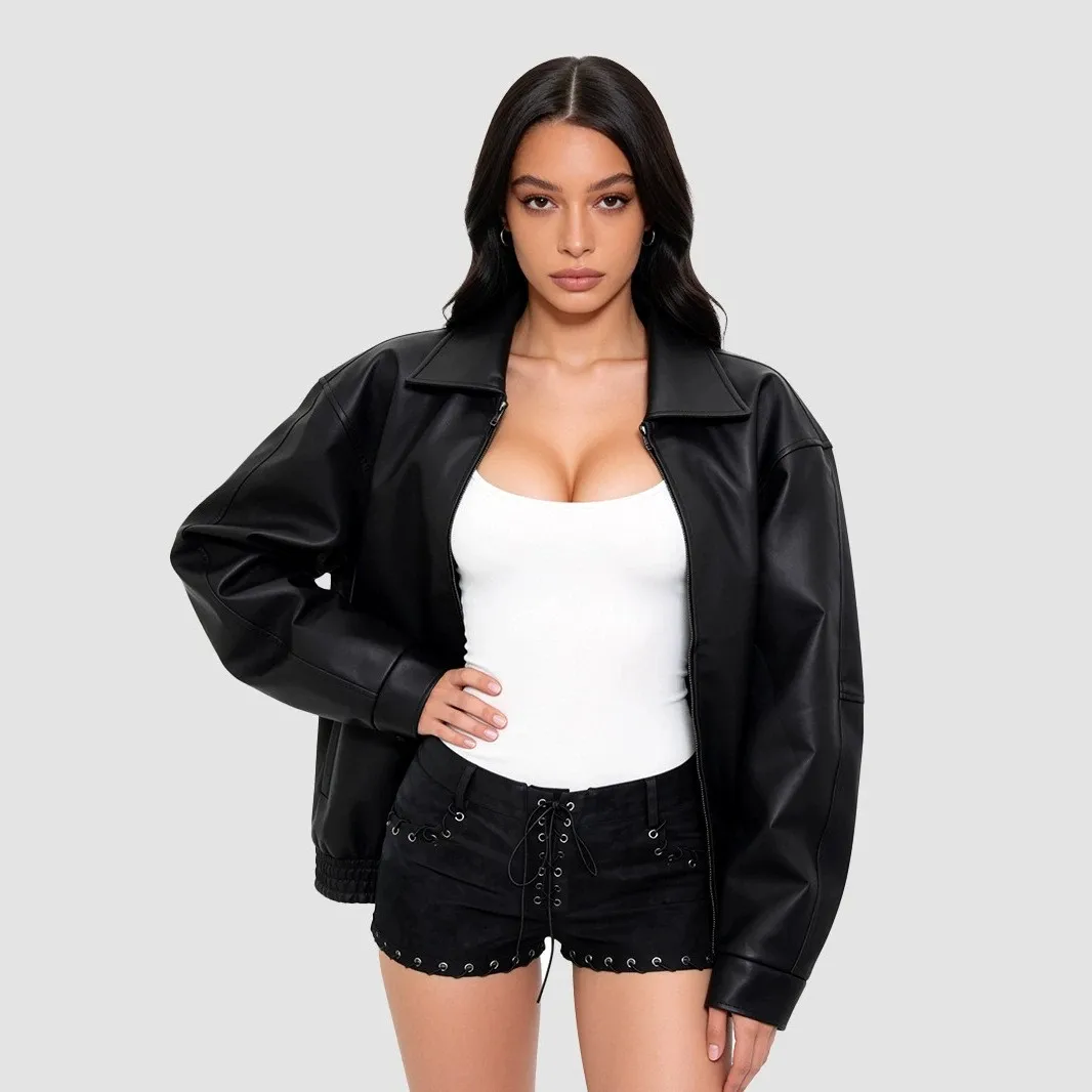 Women's Rock Style PU Leather Jacket with V Neck Long Sleeve Loose Fit Zipper Closure Washed Streetwear Fashion Outerwear