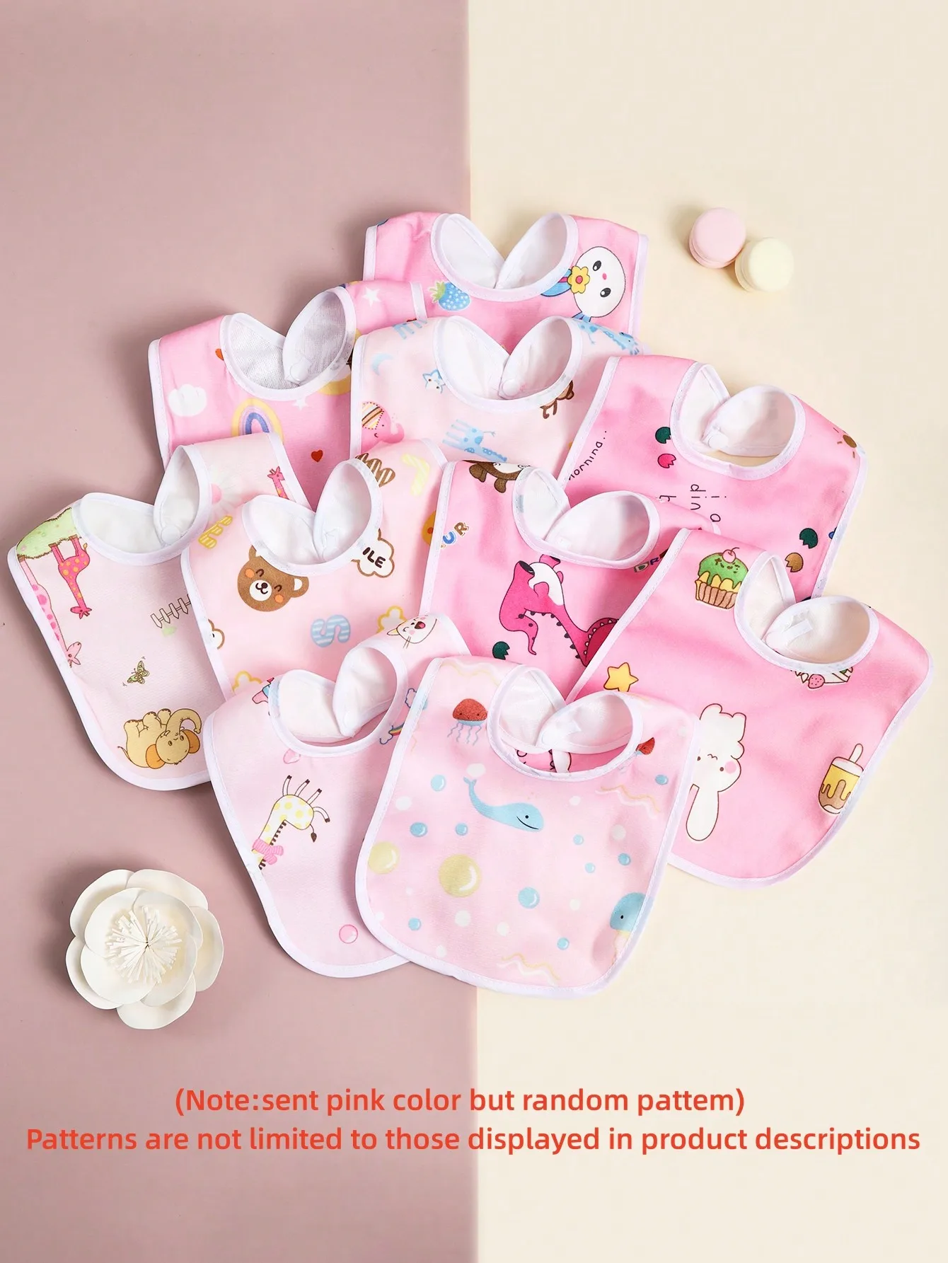 Random 8pcs Pink Tone Floral Pattern Baby Crystal Velvet Waterproof U-Shaped Snap Button Bib For Feeding