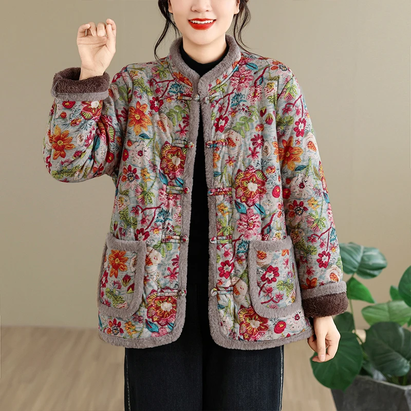 Fashionable Winter Cotton Jacket Women's Thin Fleece Lined Floral Warm Outerwear Mommy Clothes Button up Cardigan Long Sleeve