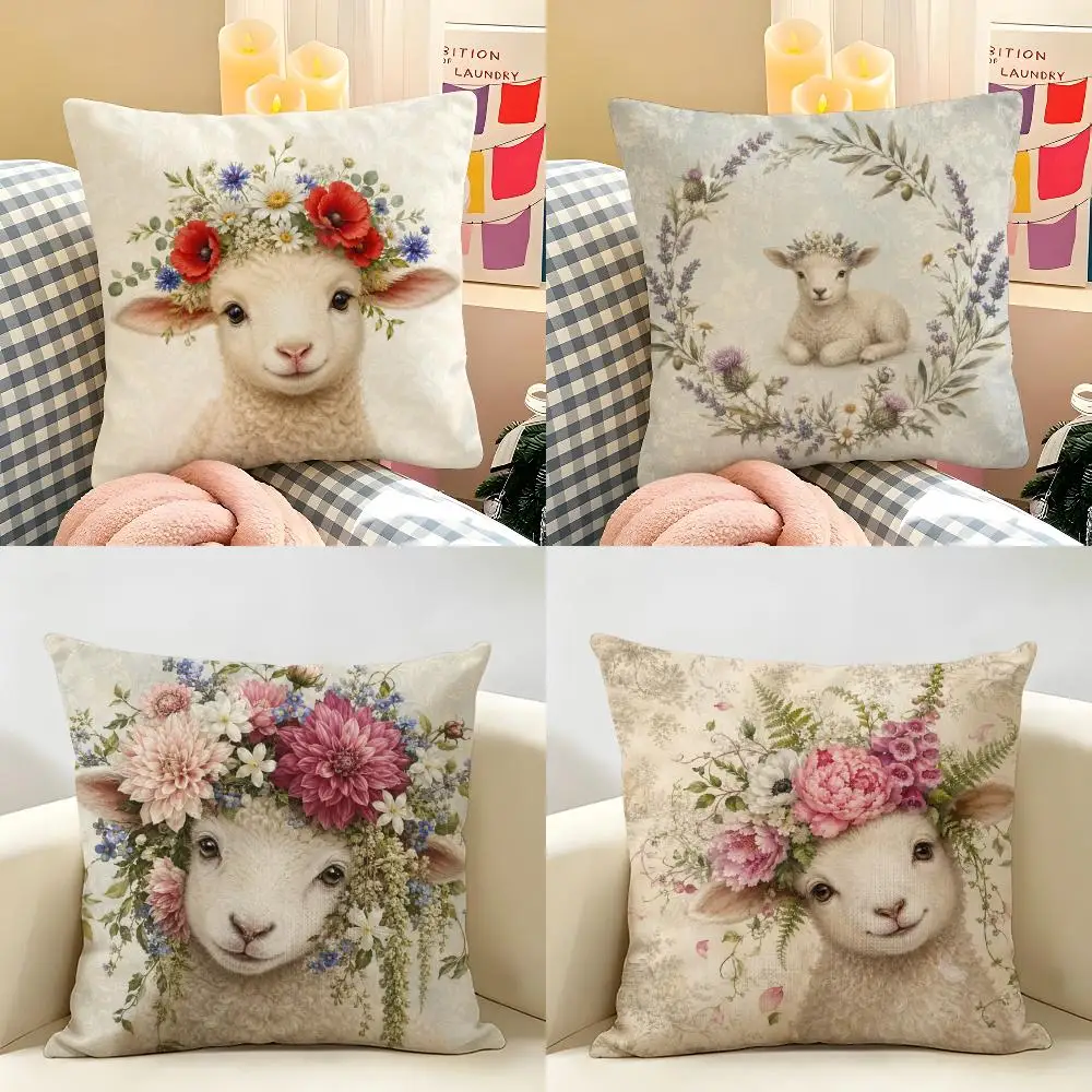 Sheep Lamb Bohemian Flowers Cushion Cover Natural Linen Organic Fabric Double-Sided Printing Breathable Perfect For Home Decor
