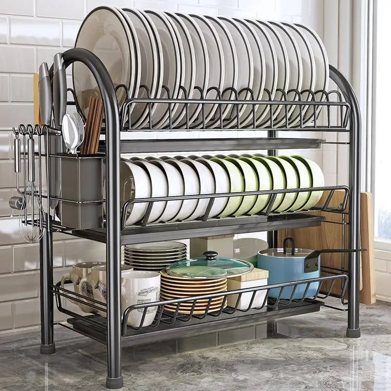 Multi-Layer Floor-Standing Drainable Bowl Rack Kitchen Storage Dishwasher Black Stand Countertop Plate Dishware Fork Cabinet
