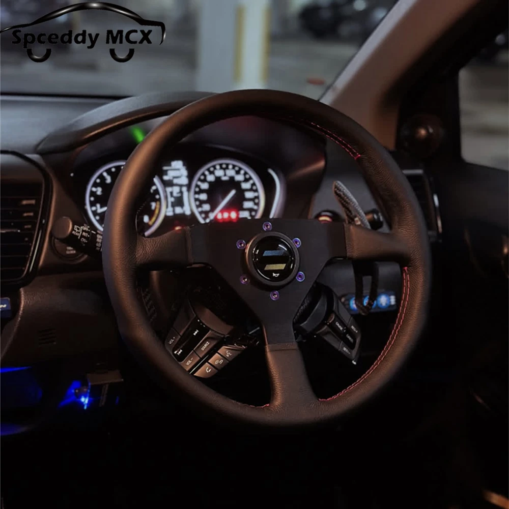 

MO V1 Spoo Top из натуральной яловой кожи, кожа личи, спортивный руль для автомобиля, 14 дюймов, 350 мм, плоский универсальный красный сшивкой