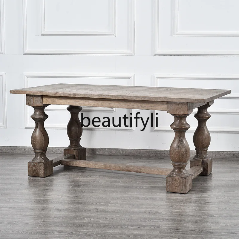 

American Country Style White Oak Homestay Western Dining Table Solid Wood Vintage Distressed Office Long Table All Solid Wood