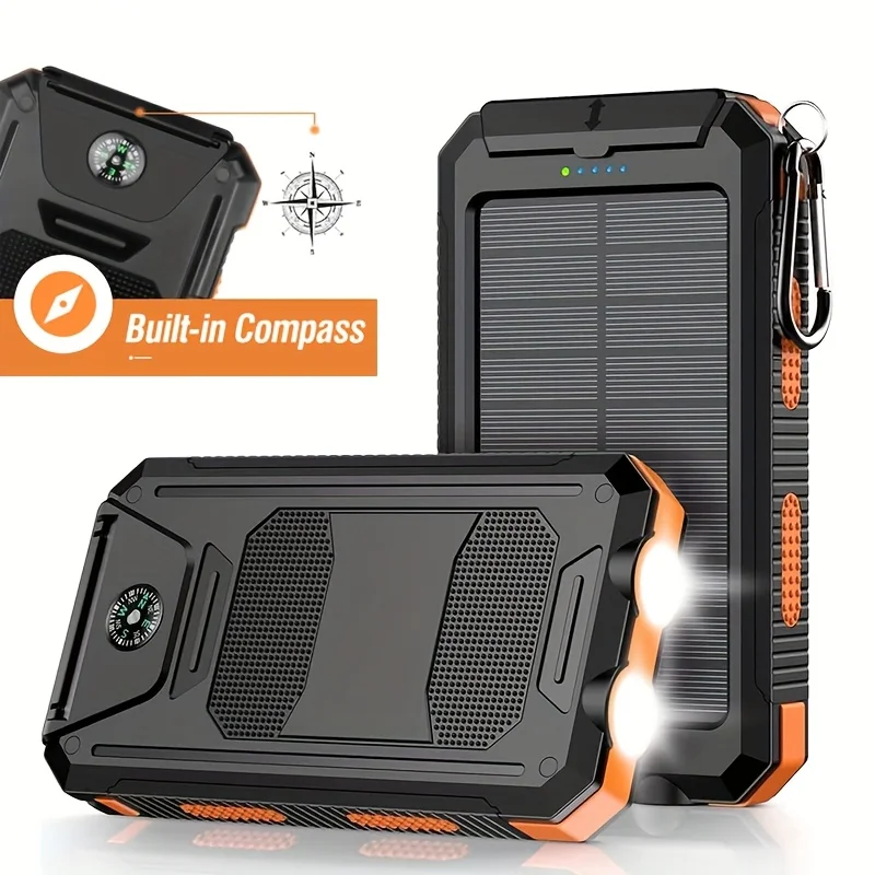 

solar mobile power bank 10000mAh external spare battery outdoor camping fast charger with dual USB port built-in LED and compass