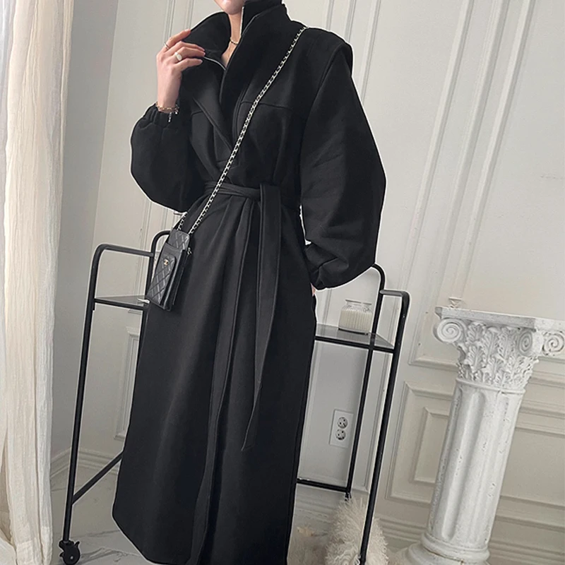 Elegant Korean Stand Neck Thick Hoody Dress Women Loose Belted Long Sleeve Vestidos Female Chic Gray Hoodies Long Dresses 3521