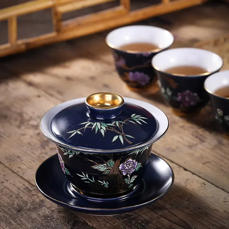 Palace Luxury Enamel Ceramic Gaiwan Teacup Hand Painted Flower Pattern Tea Tureen Travel Tea Bowl Home Teaware Drinkware 150ml