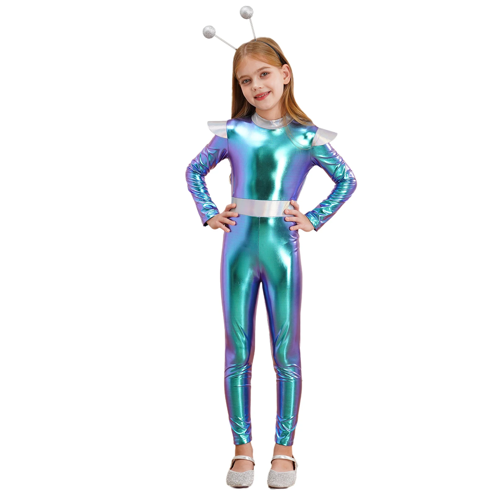 Kids Girls Alien Cosplay Costume Space Astronaut Robot Jumpsuit Long Sleeve Shiny Metallic Bodysuit Halloween Party Dress Up