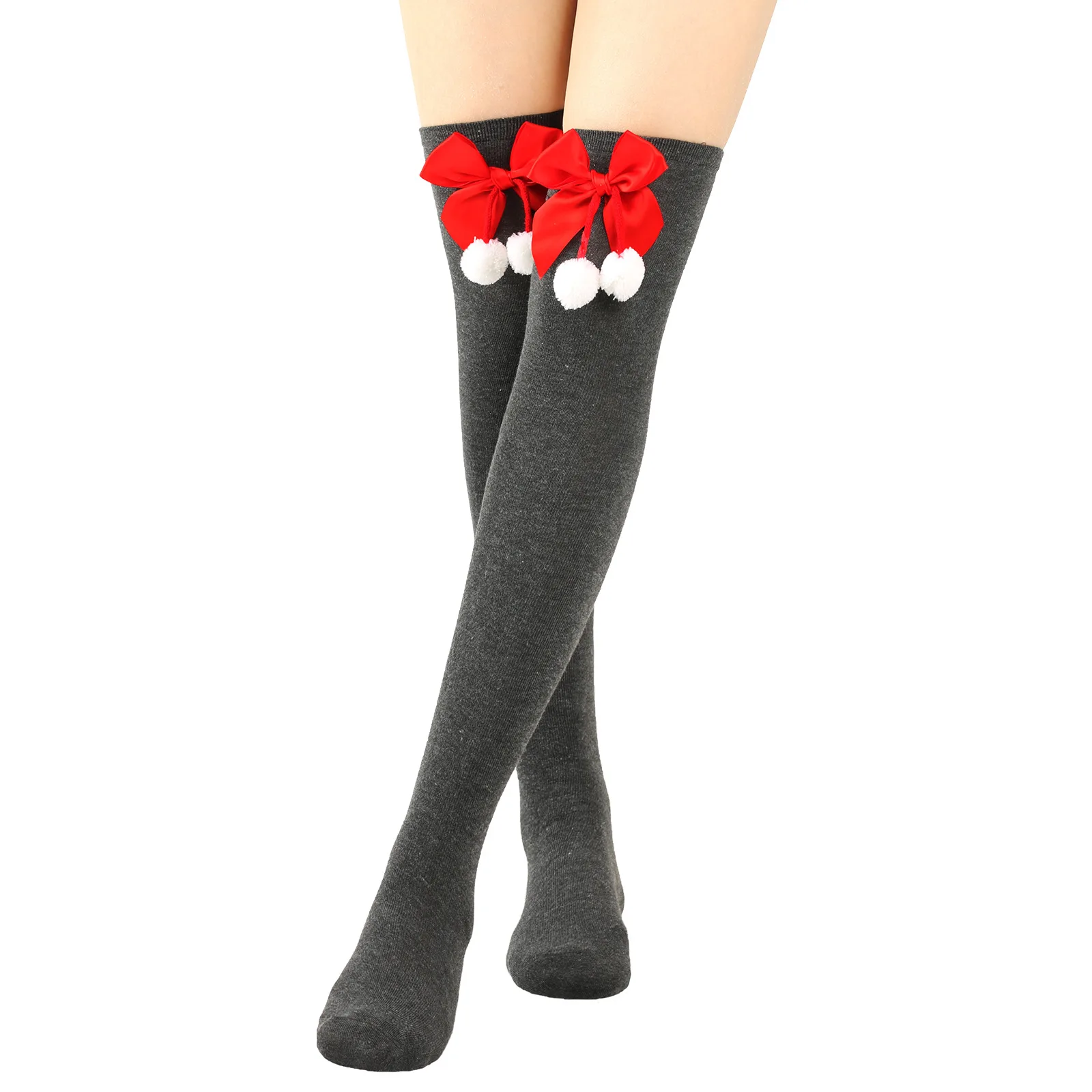New Thigh Socks Women Bow Thickened Christmas Socks Knee Socks Ball Socks Long Barrel Christmas Holiday Solid Color
