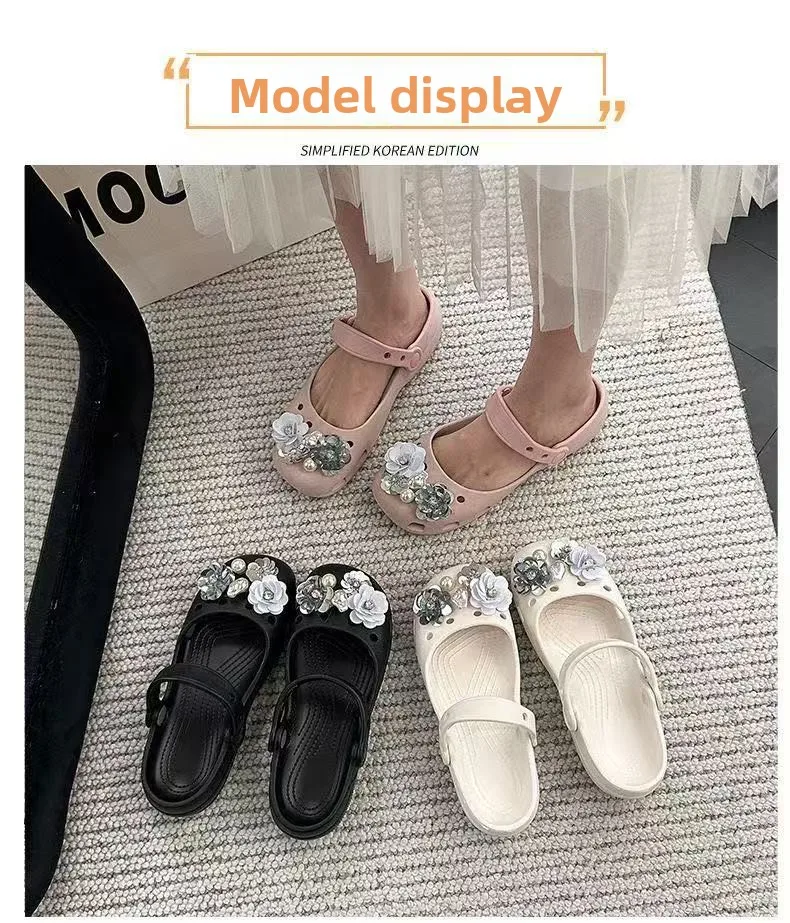 2026 Neue Sommer-Pantoffeln für Damen, Luxuriöse Perlen-Metall-Blumen-Designer-Ballettschuhe, Damensandalen für drinnen und draußen – Detail 9