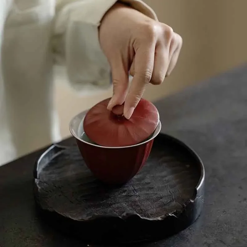 1PC Quaint Langhong Handmade Coarse Pottery Covered Bowl Kung Fu TeaSet Chu Jin Thin Tire Anti-scalding Tea Bowl Literati TeaSet 5