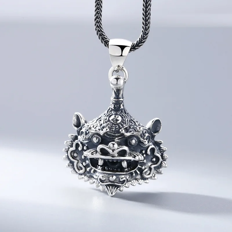 S925 Sterling Silver Kylin Pendant Black Color Old Process Taiji Bagua Relief Design Hollow Unisex Fine Jewelry FYNE369
