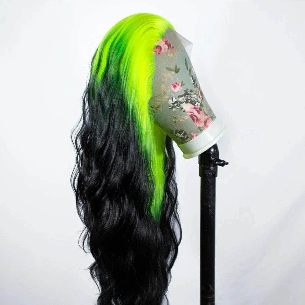 QW Synthetic Lace Wig Ombre Green/Black Lace Front Wigs for Women Free Part Glueless Loose Wave Wig Heat Resistant Daily Use