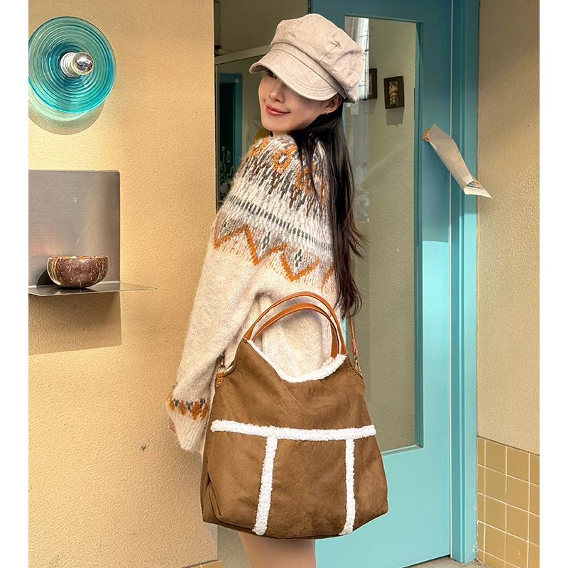 ELFSACK Women's Vintage Hobo Shoulder Bag with Fleece Trim, Detachable Crossbody Strap & Inner Pouch