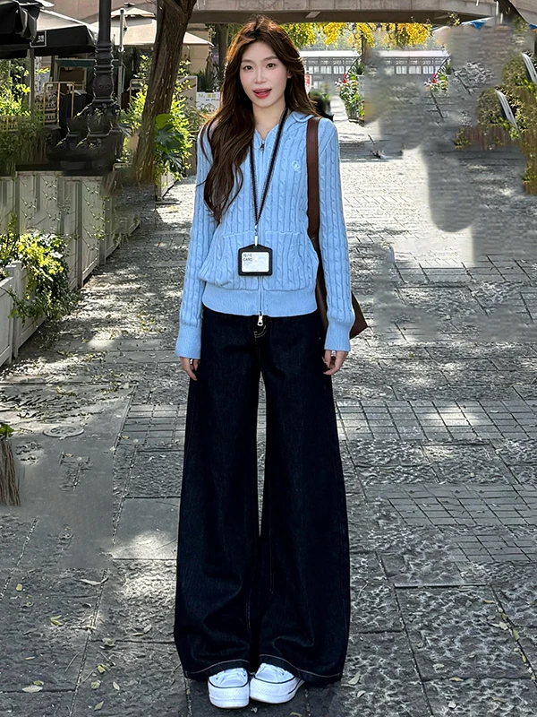 High Waist Wide Leg Denim Blue Jeans Women's Autumn Winter New Loose Straight Floor-Length Pants Retro Sle Casual Faion