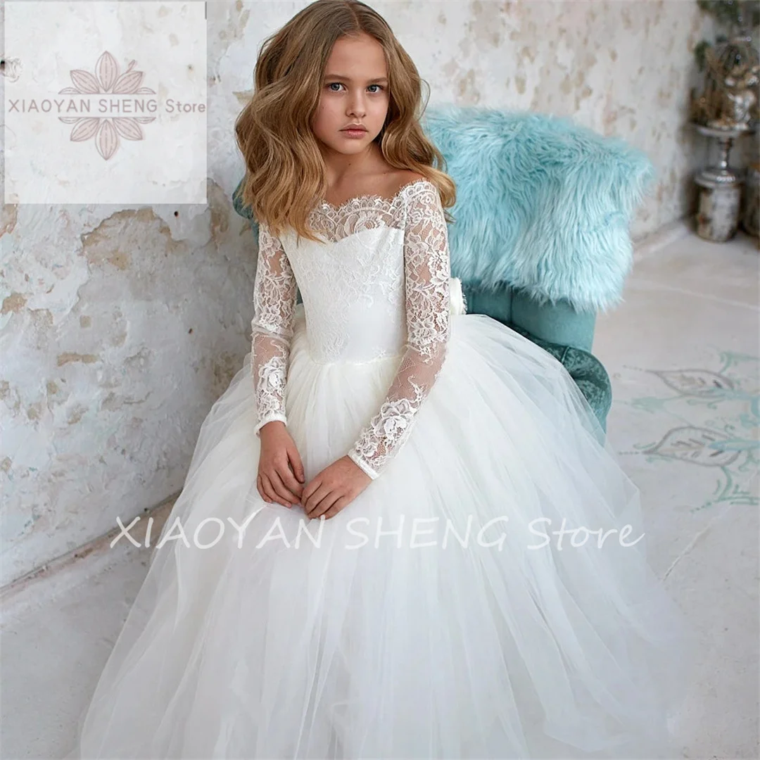 

Flower Girl Dress Bohemian Tulle Ivory White Lace Bow Girls First Communion Gown Junior Bridesmaid Dress