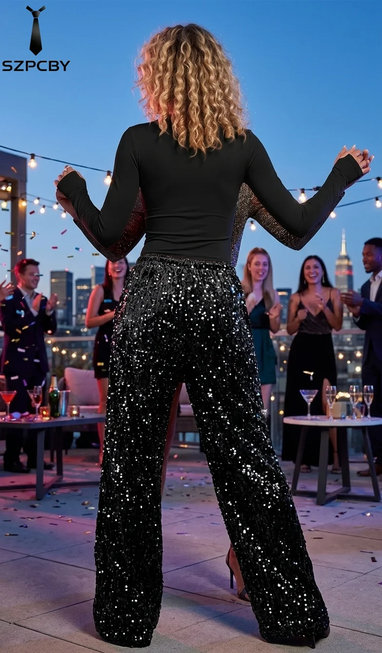 Sequin Womens Pants Sparkly Glitter Sparkling Shinning Wide Leg Night Out Clubwear Dinner Party Pants for Women