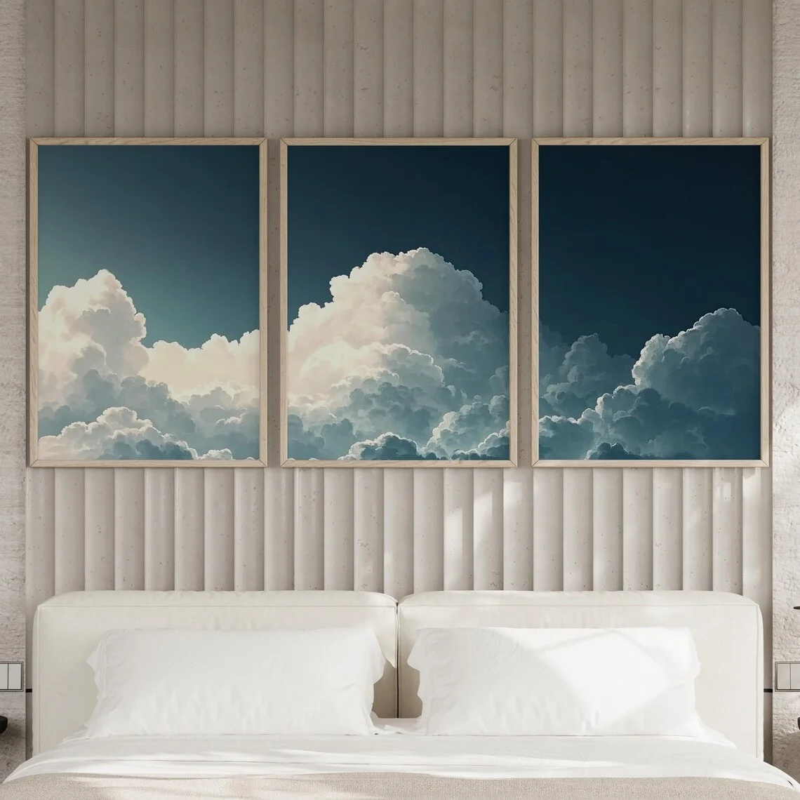 2D Flat, 3pcs Set, Wall Decoration, Modern Poster, Cloud Blue Wall Art Poster or Canvas Print, Blue Sky Art Print Above Bed D