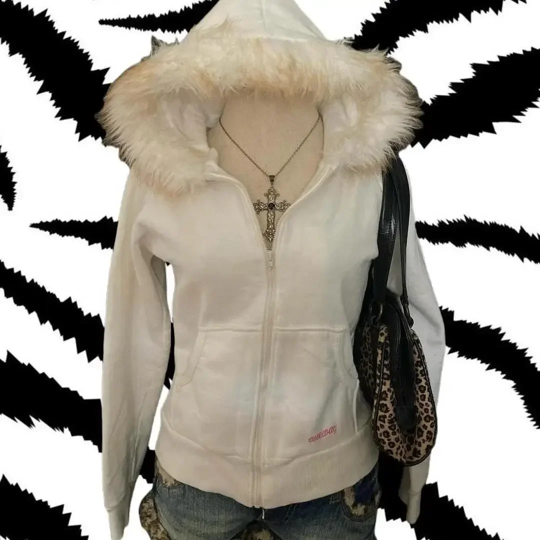 Y2K American simple solid color fur collar gothic slim hooded sweatshirt hip-hop Harajuku classic design Korean couple jacket